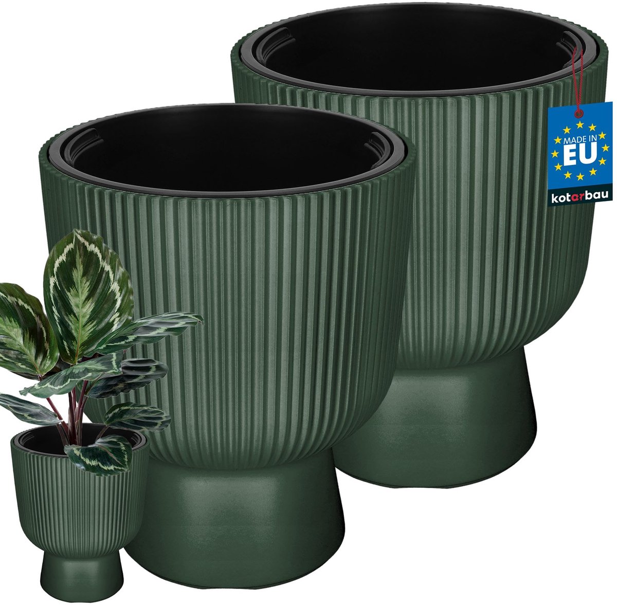 KOTARBAU® 2 Stuks - Bloempot - Plantenpot Ø 29 cm - met Binnenpot - Geribbelde Plantenbak - Plantenpot met Voet - Plantenbak - Kunststof - H: 36 cm - Groen