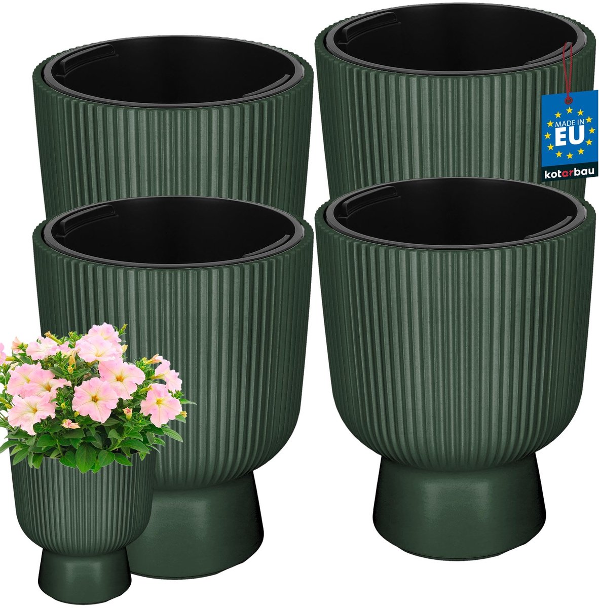 KOTARBAU® 4 Stuks - Bloempot - Plantenpot Ø 23 cm - met Binnenpot - Geribbelde Plantenbak - Plantenpot met Voet - Plantenbak - Kunststof - H: 30 cm - Groen
