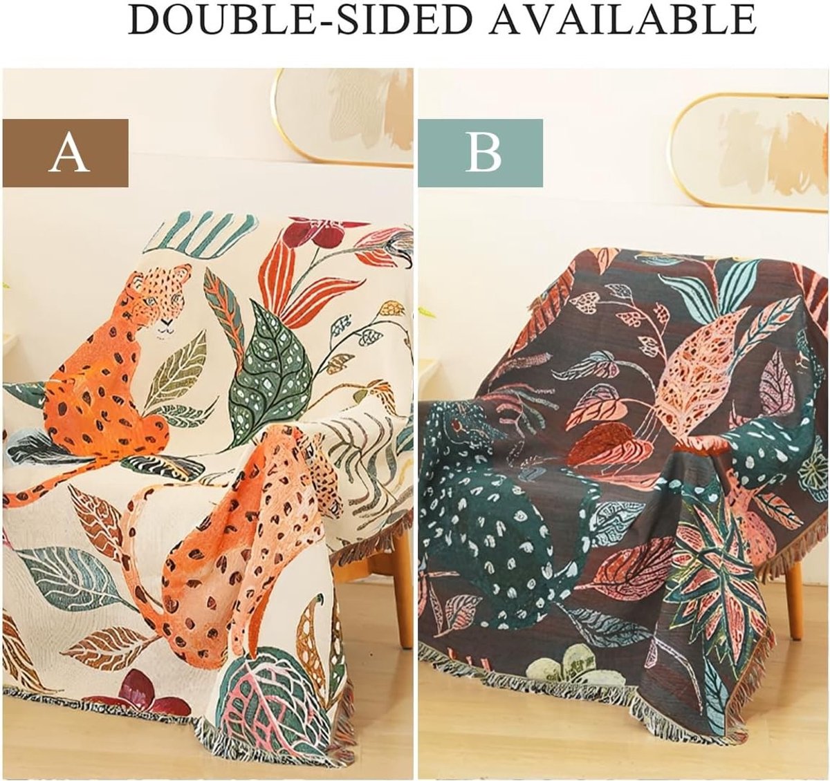 Dubbelzijdige Geweven Katoenen Deken met Pomponnen, Boho Jungle Stijl, Decoratief voor Bed, Bank en Kamperen, 160 x 130 cm