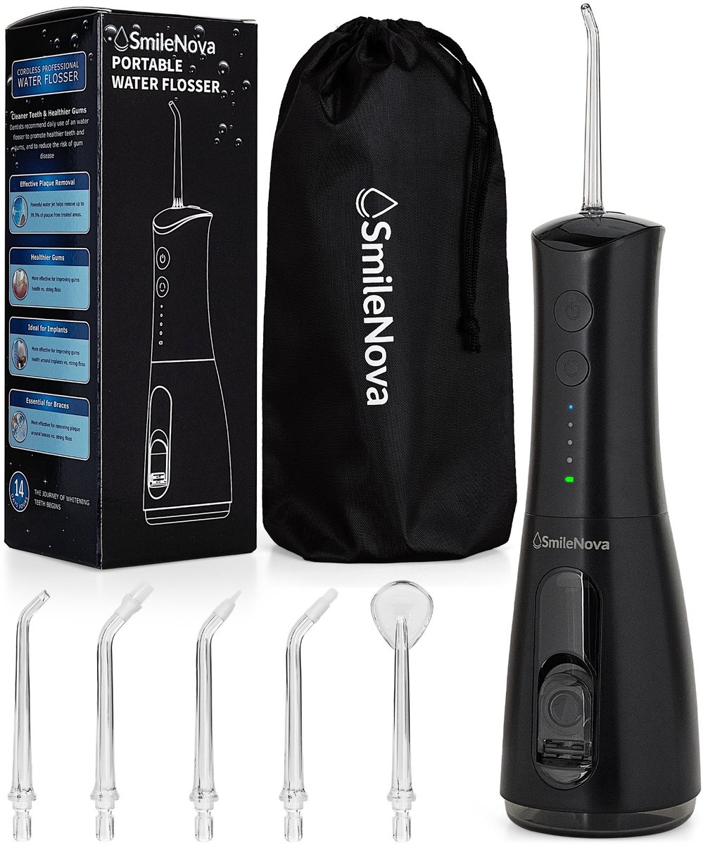 SmileNova Waterflosser - Draadloze Monddouche - Flosapparaat met Instelbare Waterdruk - USB-C Oplaadbaar - 6 Opzetstukken - Voor Beugel, Implantaten & Gevoelig Tandvlees