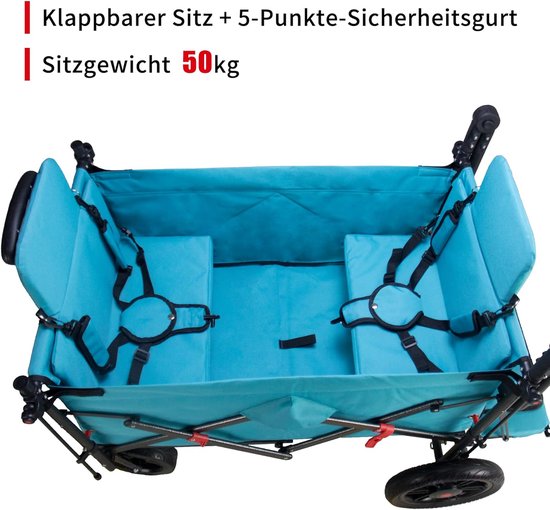 Opvouwbare bolderwagen - Transportwagen met stoelen - Familie uitstapjes - Met dak en remmen - 180L capaciteit - Hemelsblauw — afbeelding 5