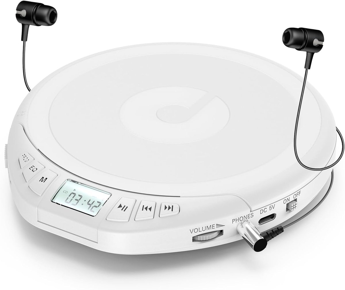 SnelShoppen - Draagbare Hifi CD-speler met Hoofdtelefoon, LCD-display, Wit - Ideaal voor Feest, Camping, Thuisgebruik - Compact en Lichtgewicht