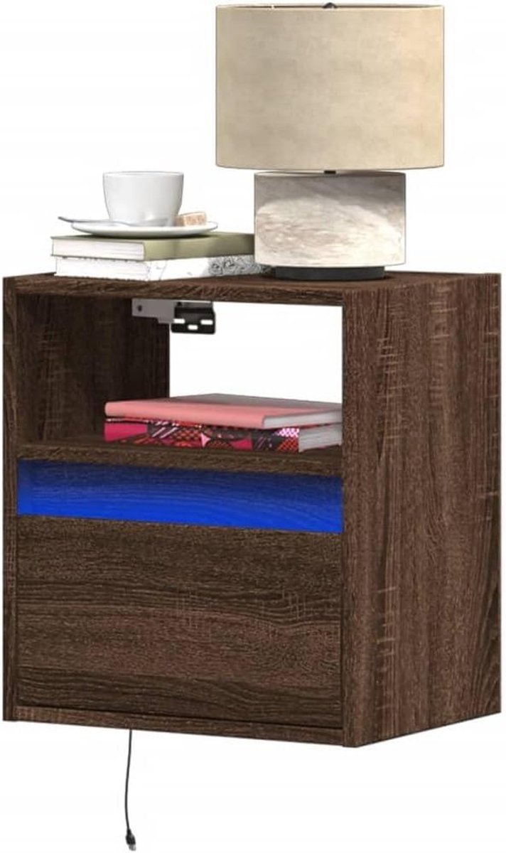 Wandkastjes met LED - Nachtkastjes Slaapkamer - Opbergen en Sfeer - Hoogglans Afwerking - 2 stuks 41x31x45cm - Bruin Eiken