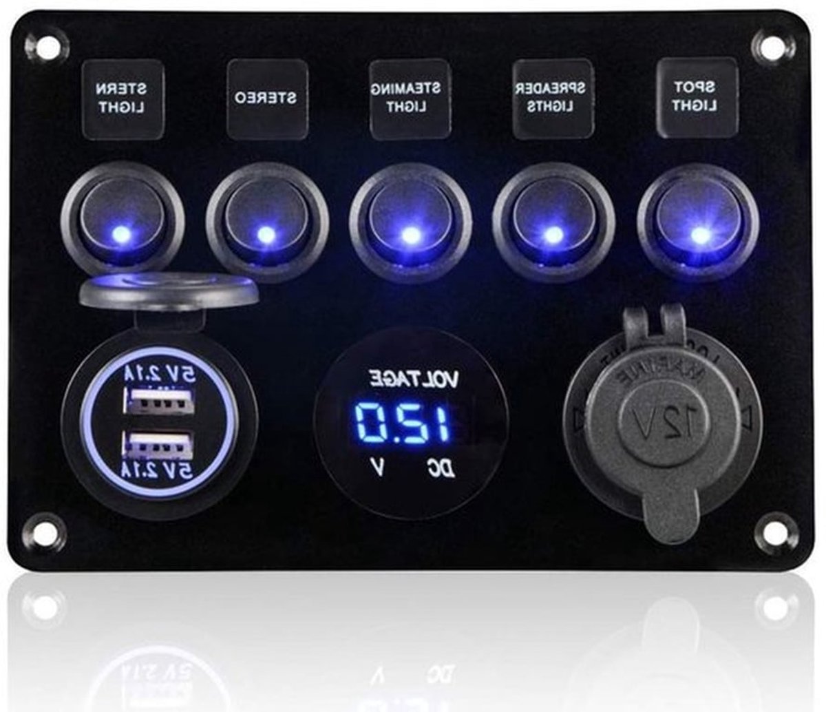 5 Speed Switch Paneel voor 12V/24V Voertuigen met IP65 Waterdichte Rocker Switch, LED Voltmeter en Dubbele USB Oplader voor Auto, Boot, Motorhome en Caravan