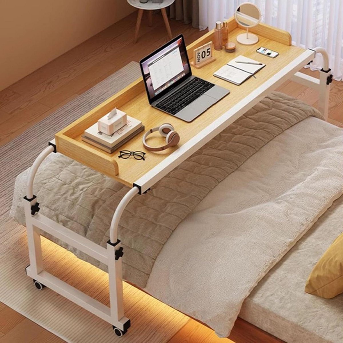 Bedtafel met wielen - Roltafel nachtkastje - Eten en werken - Verstelbare hoogte en breedte - 65-95 cm hoog - Hout