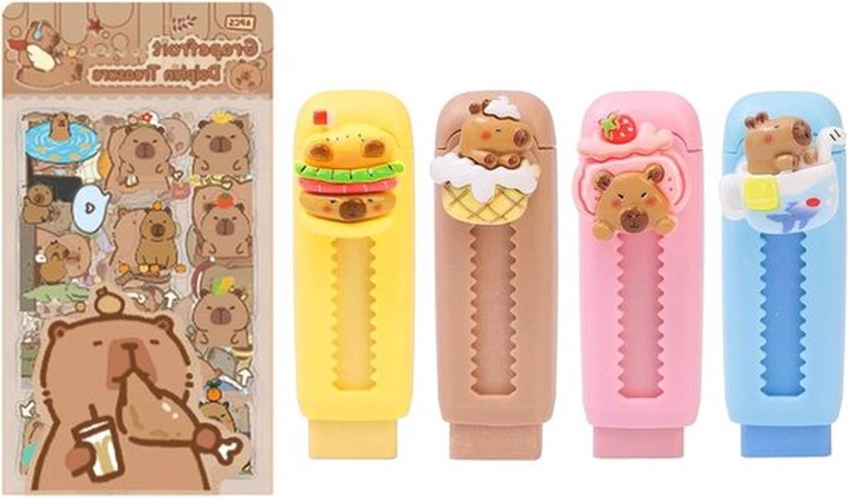 Set van 4 Verstelbare Gum en 6 Stickers, Schattige Capybara Schoolbenodigdheden, Ideaal voor Kinderen en Kantoorgebruik