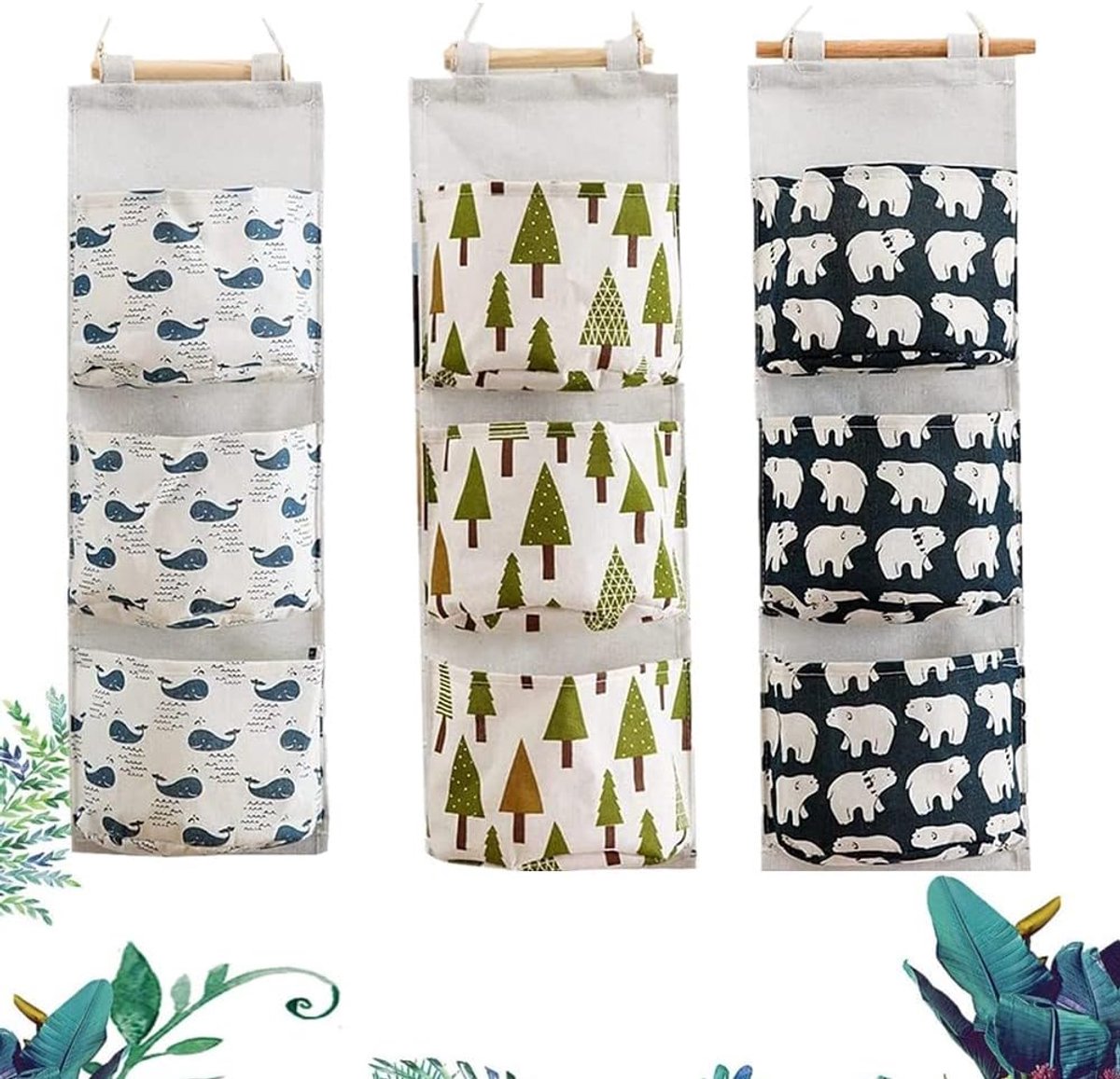 SnelShoppen - 3 Stuks Hangende Opbergzakken Wand Vouwbare Linnen Stoffen, Wand Hangende Mandjes Organizer met 3 Vakken voor Kleine Spullen Kleding Ond