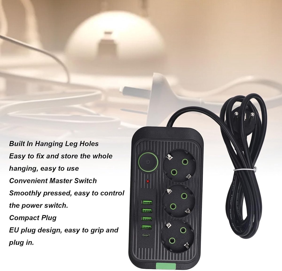 SnelShoppen - Europese Stekkerdoos met 3 Stopcontacten, 4 USB-A Poorten, 1 USB C Poort, Muurbevestiging en 2 M Kabel, Ideaal voor Thuis, Kantoor en Re