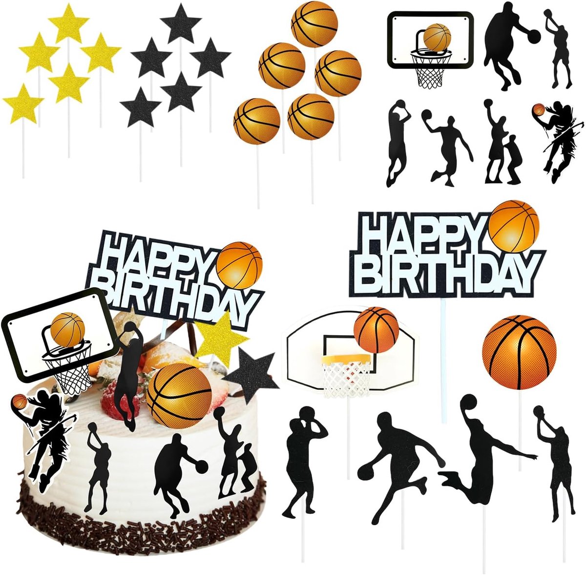SnelShoppen - 29-delige Basketbal Taartdecoratie Set, Verjaardagstaart Versiering, Cupcake Inserts, Gebakken Dessert Vlaggen, Geschikt voor Verjaardag