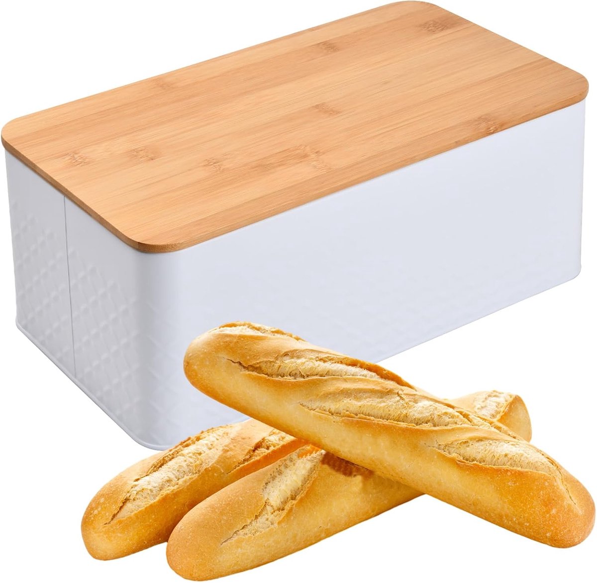 SnelShoppen - Metalen Brooddoos met Bamboodeksel, Verstelbaar als Snijplank, 33 x 18 x 13.5 cm, Rechthoekig, Modern, Broodopslag, Duurzaam, Wit