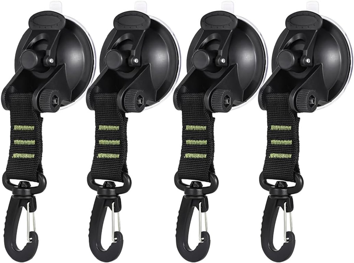 SnelShoppen - Set van 4 Zuignap Haken voor Camping, Auto en Tuin - Sterke Zuignappen met Fixeerhaken - Duurzaam ABS en Nylon - Groene Suction Cups voo