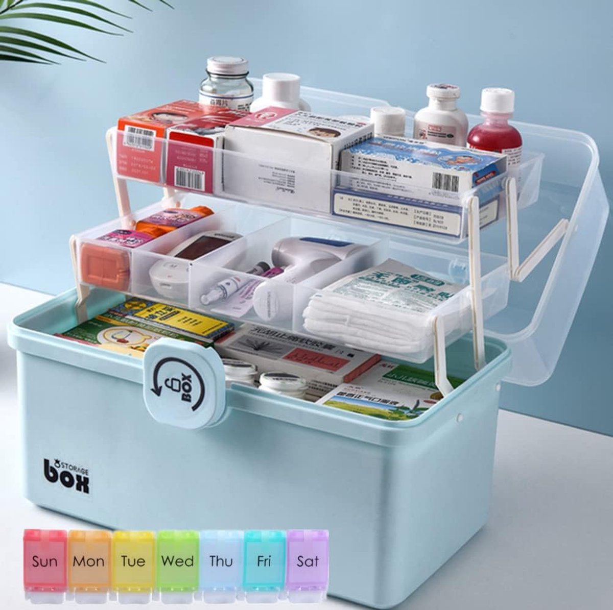 SnelShoppen - Medicine Organiser 3-Tier Apotheekkast, Grote Opbergdoos met Deksel en Slot, Organiser voor Medicijnen, Gereedschap, Cosmetica, Blauw, 3