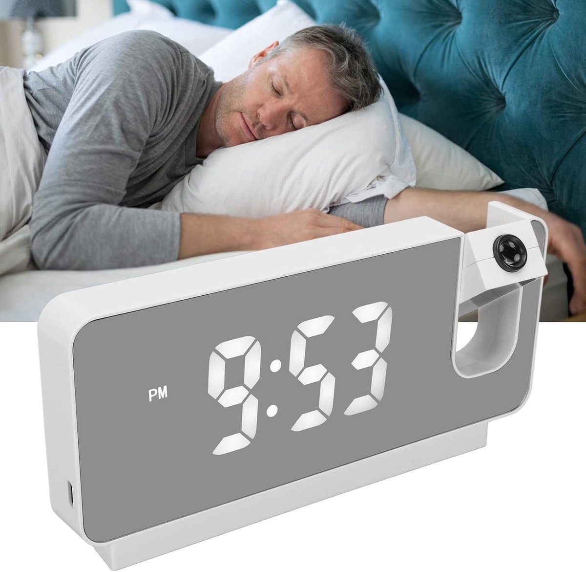 SnelShoppen - Ejoyous Projectie Alarm Klok, Digitale Klok met 180° HD Projectie, Temperatuur, Datum voor Kinderen, Senioren, Wit