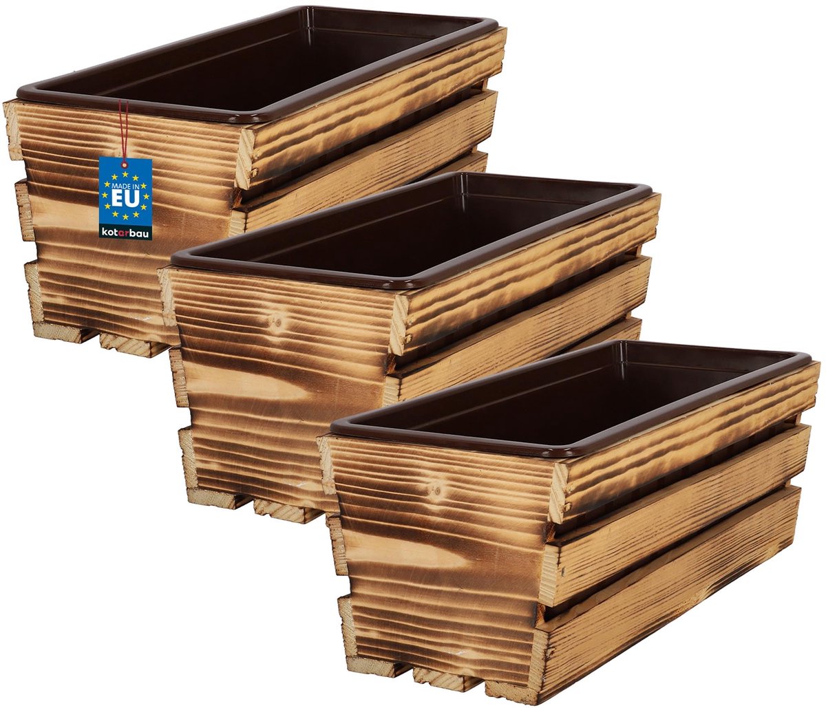 KOTARBAU® 3 Stuks - Houten Plantenbak - Bloembak Hout - met Kunststof Inzetstuk - Balkonbak - 40 x 18 x 15 cm - Rustiek - voor Terras - Balkon - Deko Planten