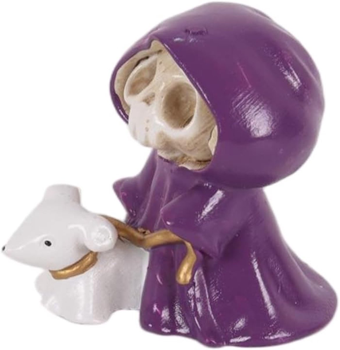 SnelShoppen - Schedel Grim Reaper Met Hond Beeldje, Schattige Cartoonstijl, Harsbeeld Halloween Decoratie, Grappige Cadeau Ideeën, Paars, Voor Huis En