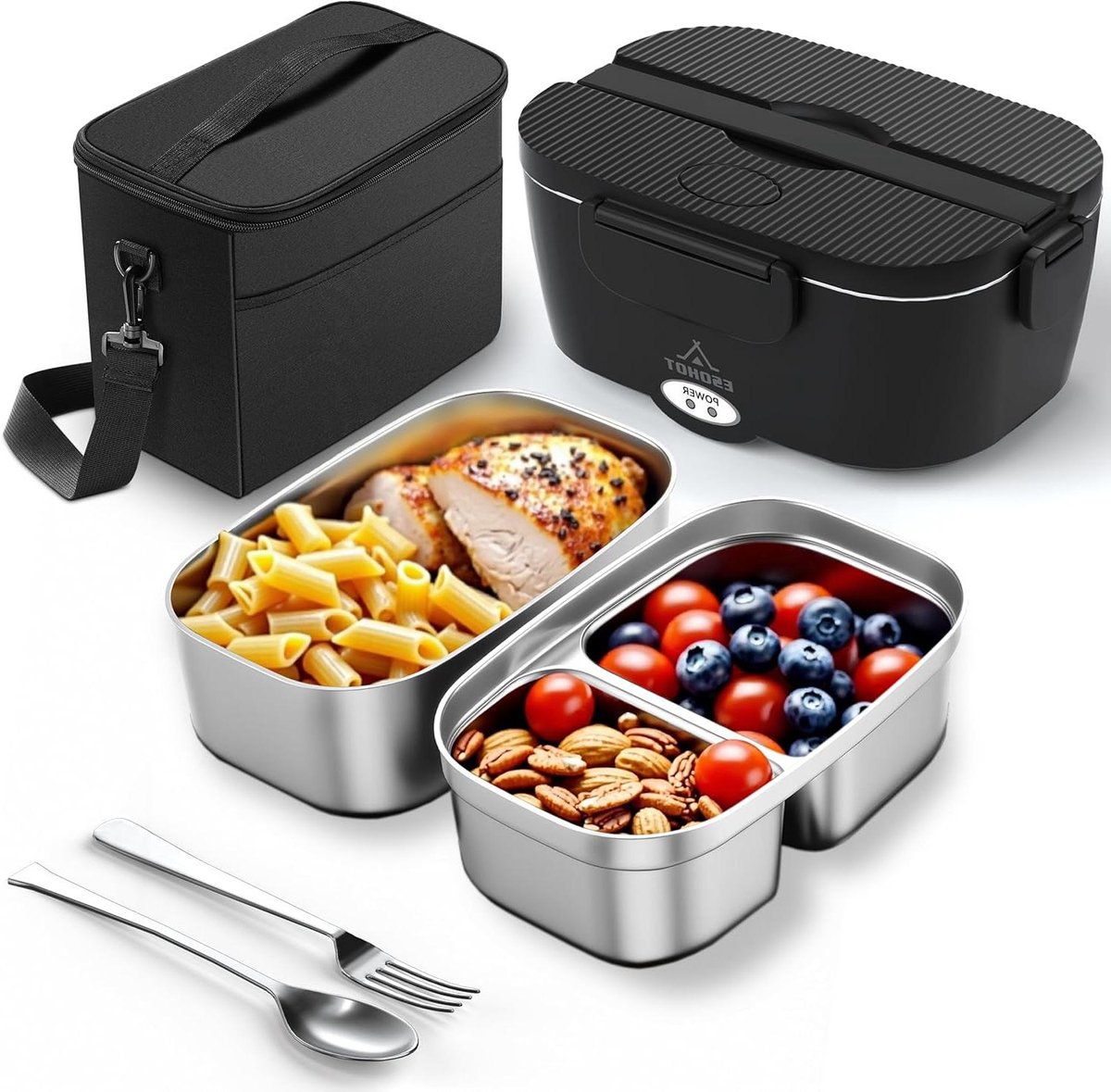 Elektrische Lunchbox - Verwarmde Broodtrommel - Warme Maaltijden Onderweg - 3-in-1 Voedselverwarmer - 15L Inhoud - Zwart