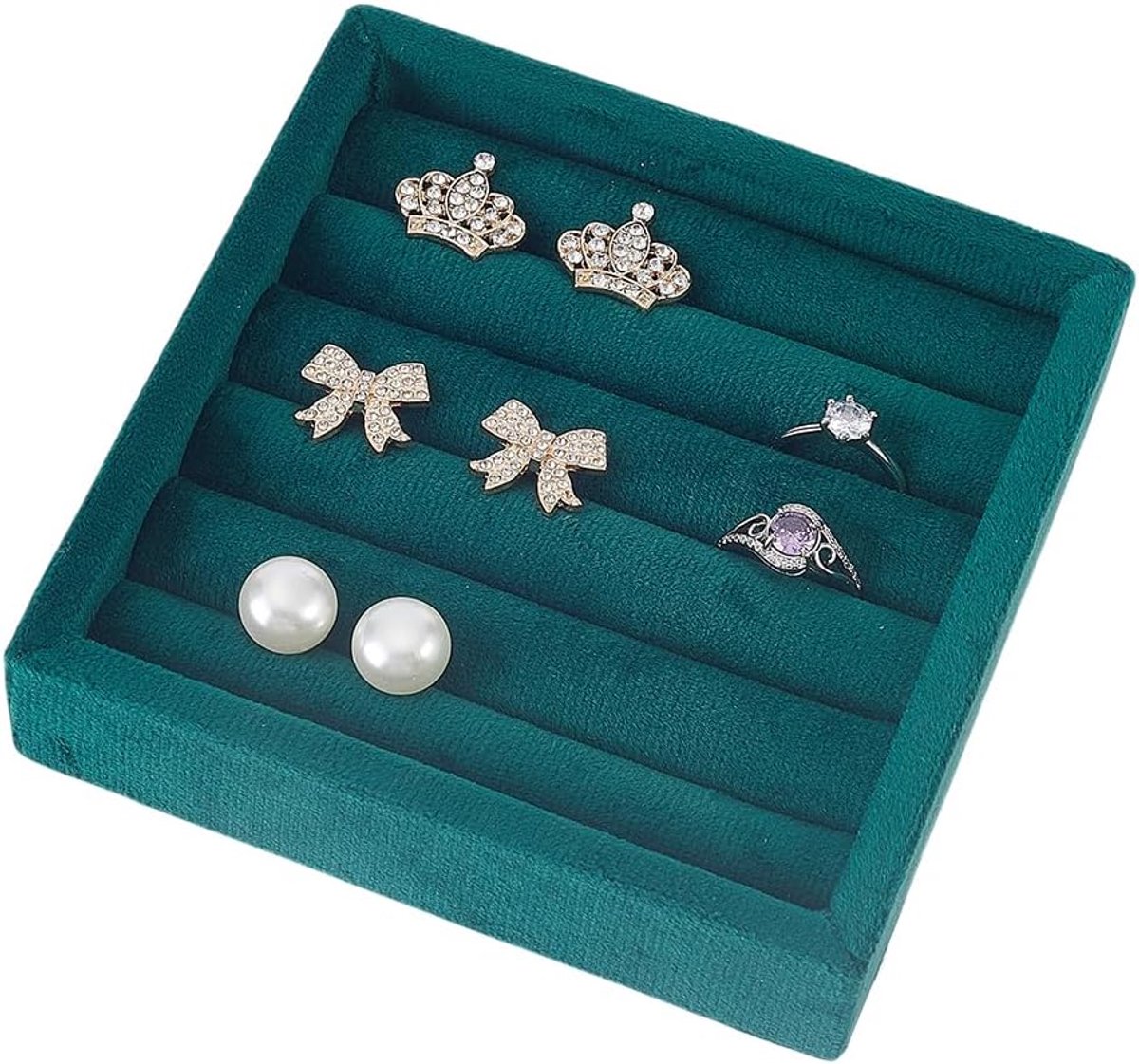 SnelShoppen - Donkergroene Fluwelen Ring Oorbel Dienblad - 5-voudige Ringen Oorknopjes Opslag - Compact Sieraden Vitrine Houder voor Dames