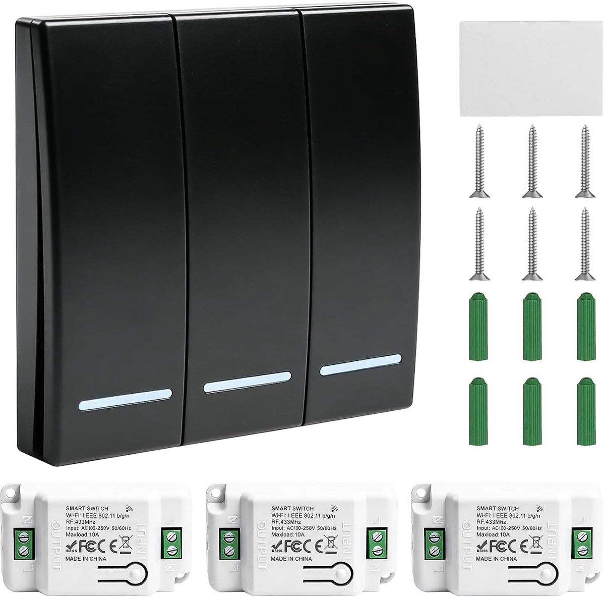 Draadloze schakelaar set van 3 - WiFi+RF 433 MHz - 30 m bereik - Eenvoudig te installeren zonder boren - ShopVlot