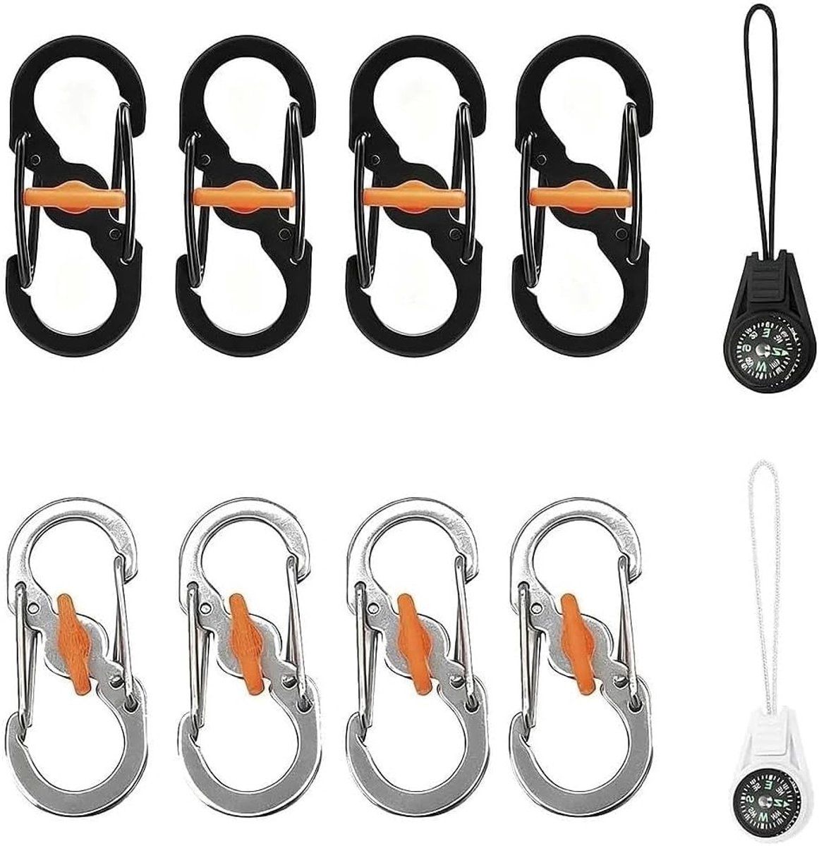 8 Pcs Mini Carabiner Hooks with 2 Mini Compasses, S-Shaped Carabiner Hook Key Chain Stainless Steel Carabiner Hooks - ShopVlot