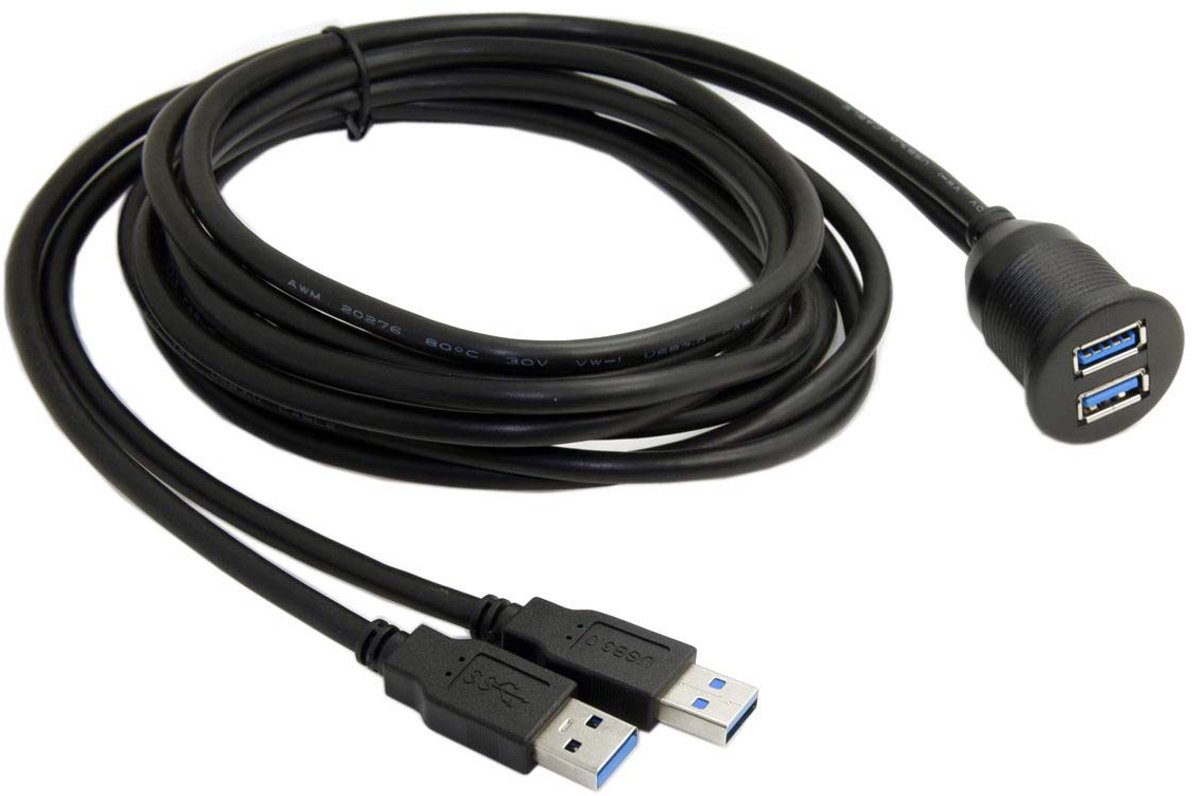 SnelShoppen - 1m Waterdichte Dubbele USB 3.0 Verlengkabel AUX Inbouw Auto Mount Kabel voor Dashboard Paneel