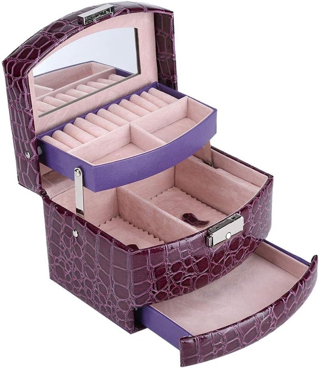 SnelShoppen - Sieraden Doos Organiser met 3 Laagjes, Vintage Ontwerp, Moderne Sluiting, Kleine Spiegel Binnenin, Paars, Voor Vrouwen, Thuis Gebruik