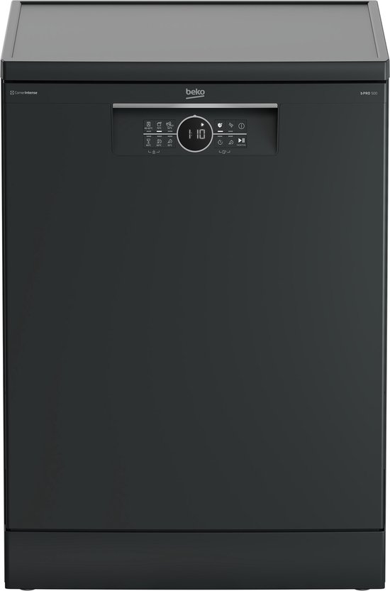Gesloten zwarte Beko vaatwasser met digitaal display.