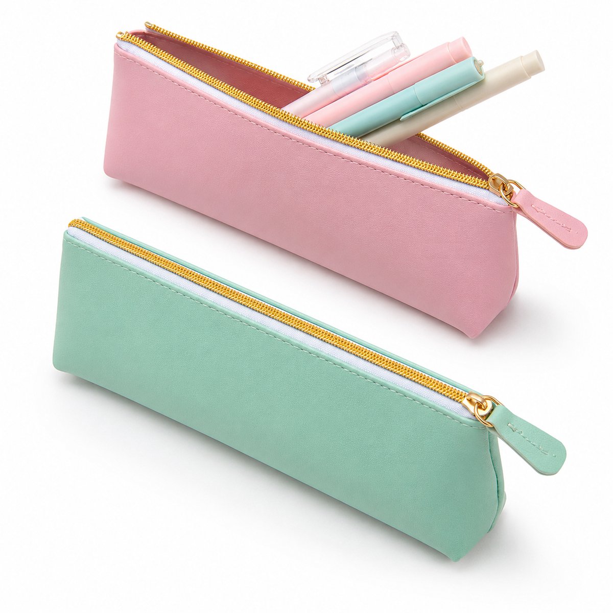 Leren etuiset (2 stuks) – Minimalistisch slank etui van PU-leer – Waterdicht etui, geschikt voor school, kantoor en cosmetica – Groen en roze