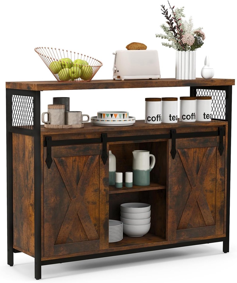 CINK & Co Koffiekast met 2 Schuifdeuren - 3 Verstelbare Planken - Koffiebar - Bovenblad Belastbaar tot 80 kg - Rustiek Bruin en Zwart