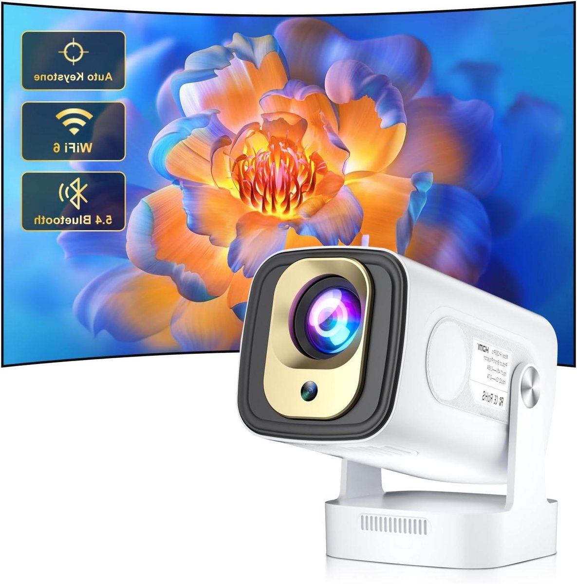 Mini Projector - Draagbare Beamer - Home Cinema - Android 14 Wifi 6 - 1080p Resolutie - Wit Geel