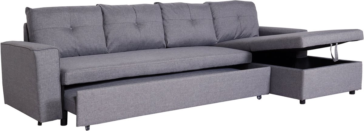 MCW Hoekbank met bed box MCW-L16, bank L-vorm, ligvlak links/rechts nosagvering stof/textiel 290cm ~ grijs