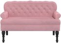 Roze fluwelen bankje met knopen en sierlijke rugleuning, getoond met zwarte pootjes.