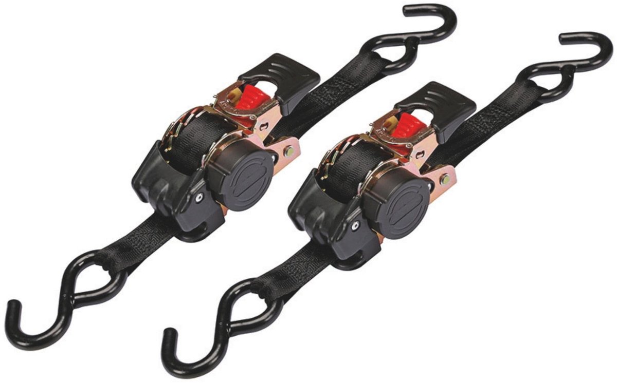 SnelShoppen - Set van 2 spanbanden met ratel en S-haken, zelfoprollend voor het vastzetten van lichte ladingen tot 300 kg, polyester, zwart, 3 m x 25