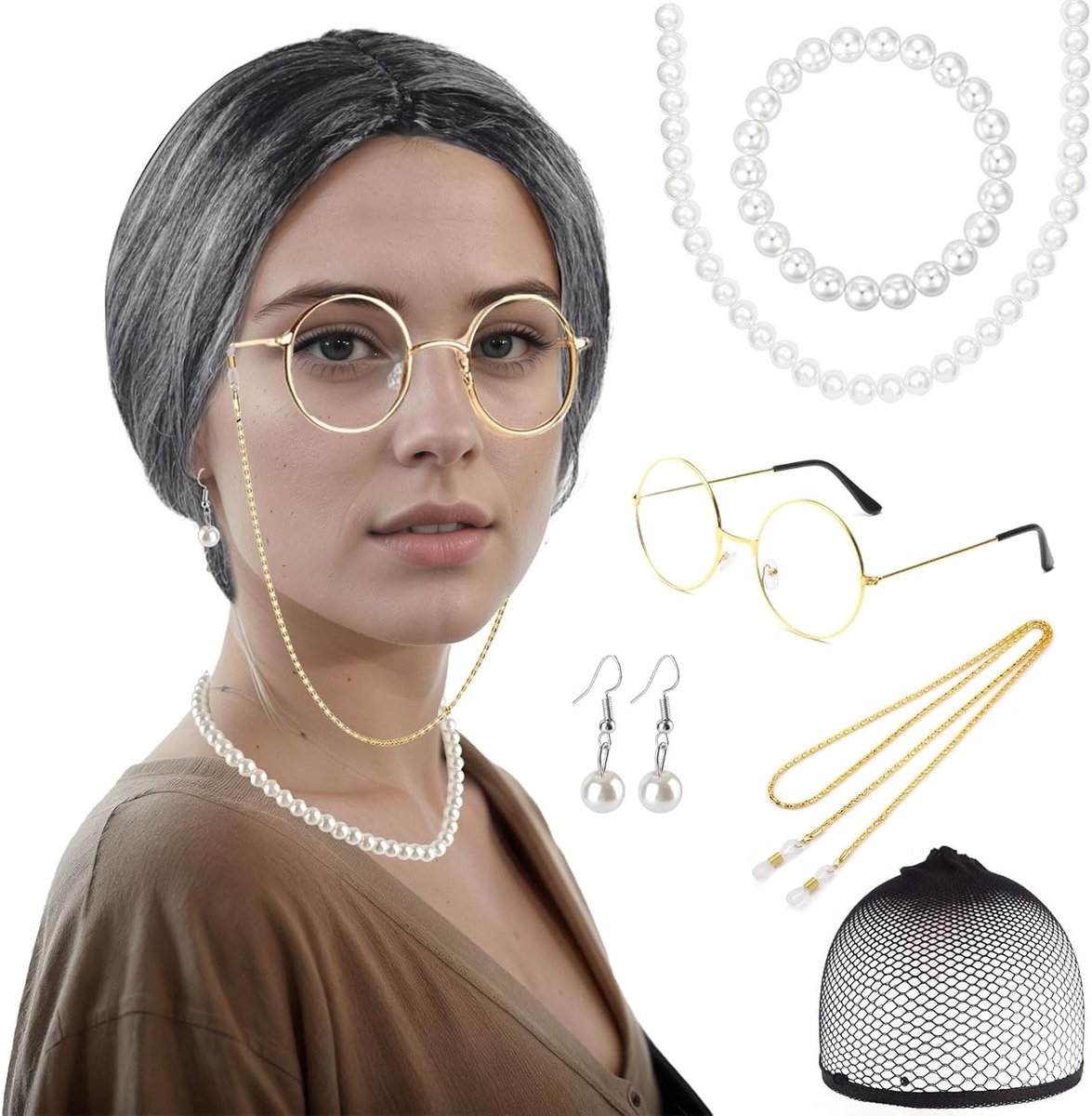 7-delige kostuumset voor oudere dames met grijze pruik, bril, oorbellen, ketting en armband voor Halloween, carnaval en verkleedpartijen
