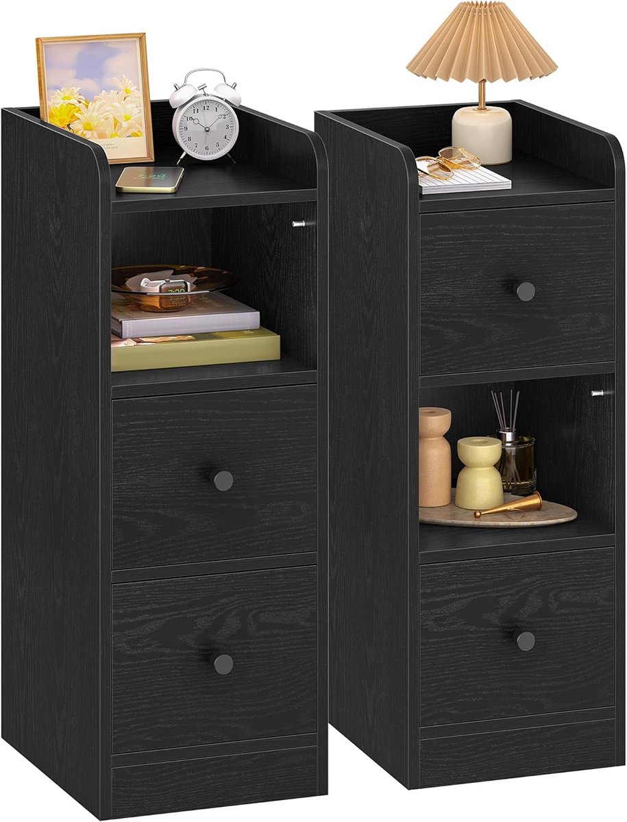 Hzuaneri Nachtkastje Smalle Bijzettafel met 2 Laden, Nachtkastje met Open Vak, Verstelbare Lade Positie voor Slaapkamer, Woonkamer, 30 x 24 x 65 cm Zwart (2er Set)