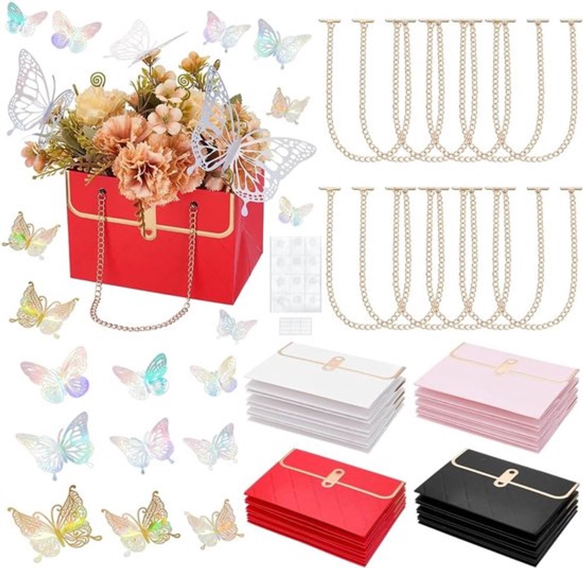 16 Stuks bloem-papieren cadeauzakjes-sets in 4 kleuren, Boeket opslag handtas met gouden kettingen en 36 stuks dubbelzijdige lijm, inclusief 3 stijlen vlinder muurstickers, 10,5x15x10 cm