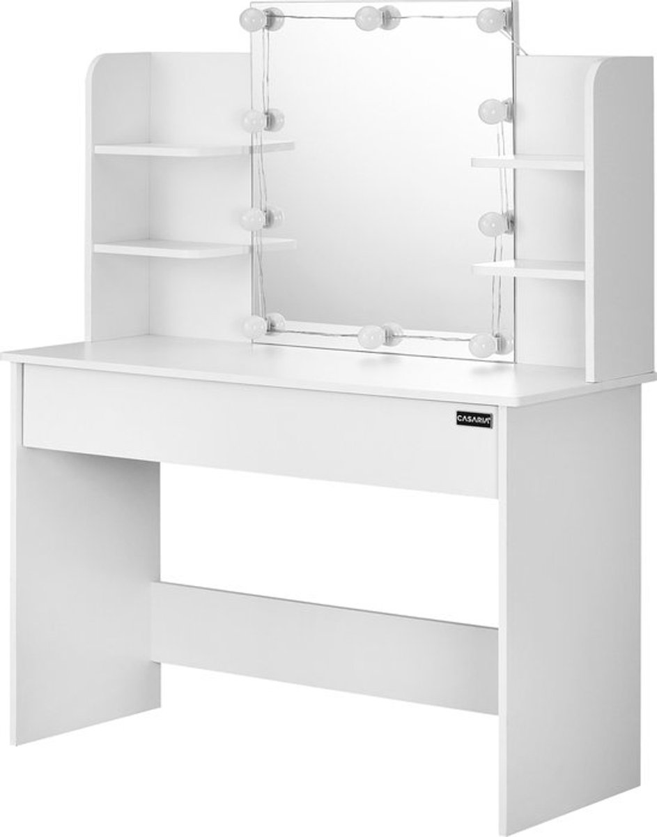 CASARIA Kaptafel met Spiegel en Verlichting - Lade en 3 Planken - 10 Dimstanden - 140x90x40 cm Wit