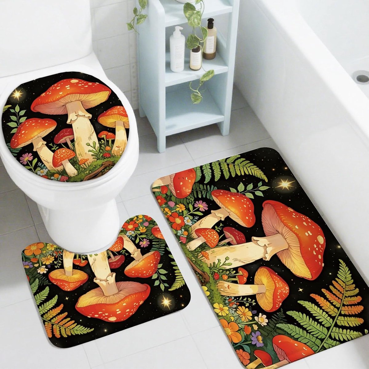 SnelShoppen - Peacoblue Paddestoel Badmatten Set 3 Stuks met Antislip Badtapijt, Toiletdeksel Cover en Contourmat voor Badkamer, Vintage Bloemen en Pa