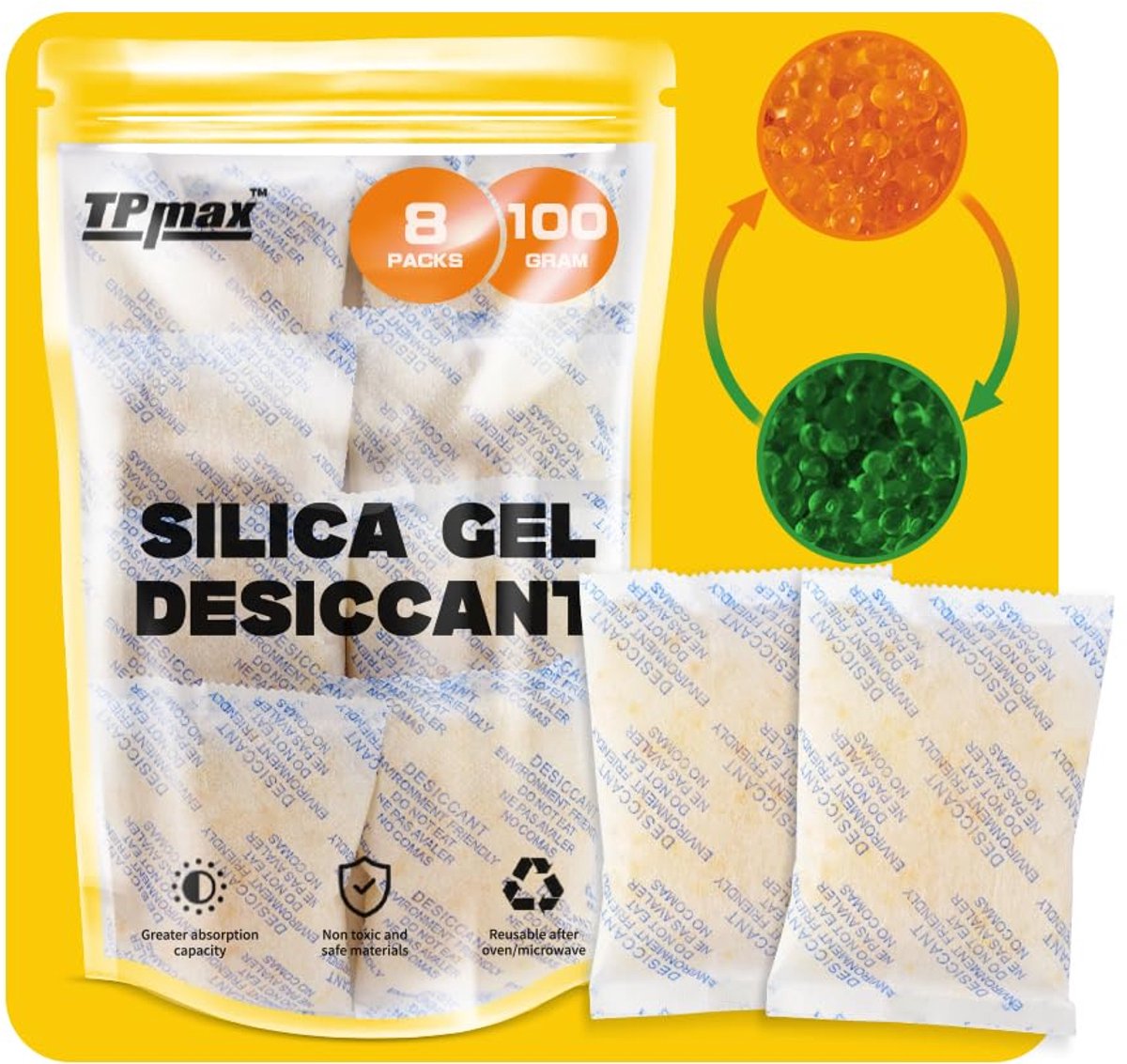 SnelShoppen - 8 Packs Silicagel Droogmiddelzakjes 100 g - Herbruikbare Ontvochtigers met Kleurindicator - Ideaal voor Opslag, Kasten en Kelders