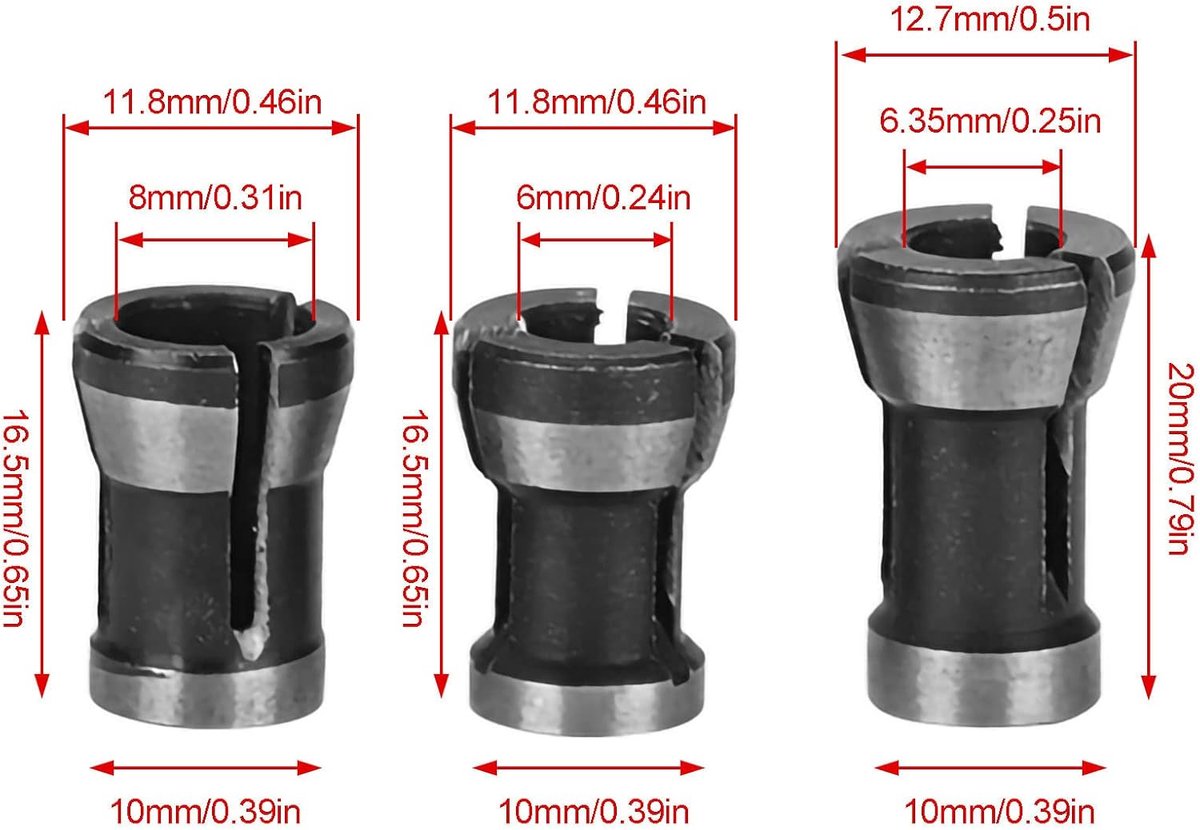 SnelShoppen - 3-delige Router Collet Set 6/6.35/8mm - Houtbewerking Freeshouder voor Graveermachines, Precisie Frezen en Trimmen van Hout