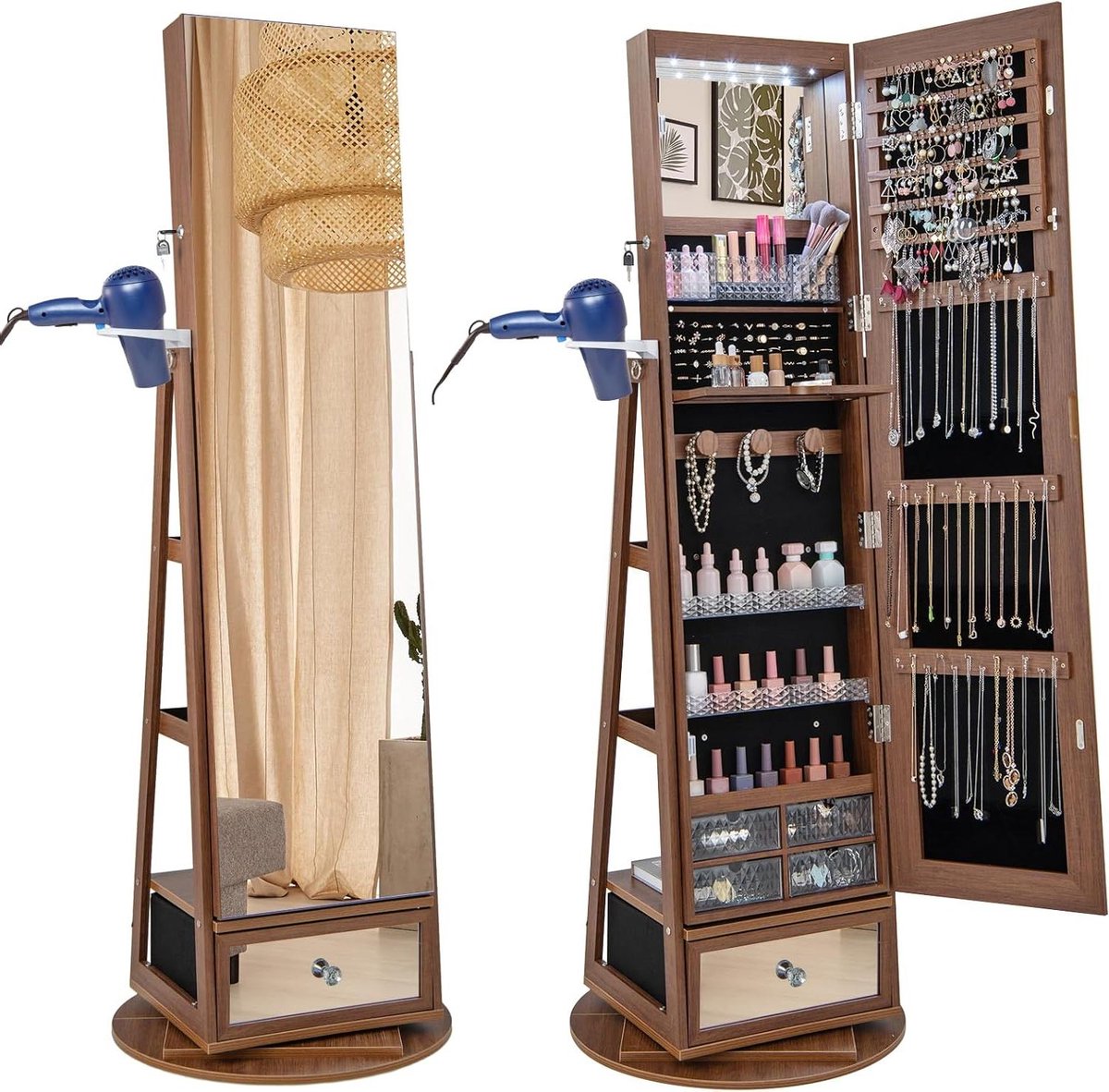 Draaibare Sieradenkast - Opberger Organizer - Sieraden Opbergen - Met LED Verlichting - 56 x 164 cm - Bruin