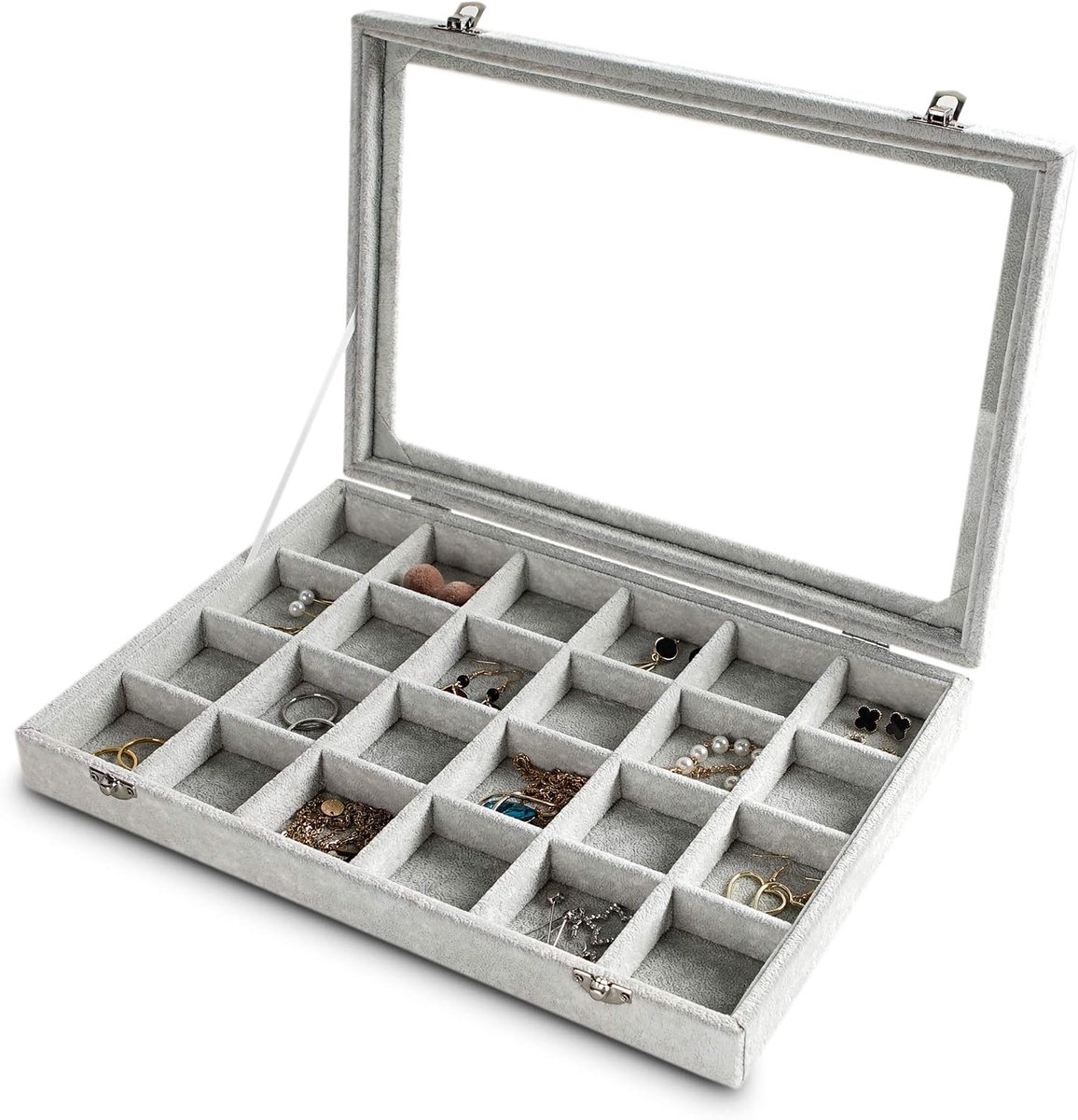 SnelShoppen - Frebeauty Sieraden Organizer met Verstelbare Velvet Lades en Duidelijke Deksel - Grijs, 24 Vakken voor Sieraden, Ringen, Oorbellen, Kett
