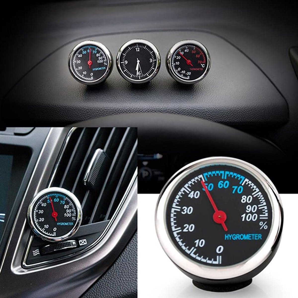 SnelShoppen - Digitale Auto Quartz Hygrometer Tijdklok - Vochtmeter en Temperatuurmeter - Mini Quartz Horloge voor Auto - Zwart - Perfect voor Auto- e