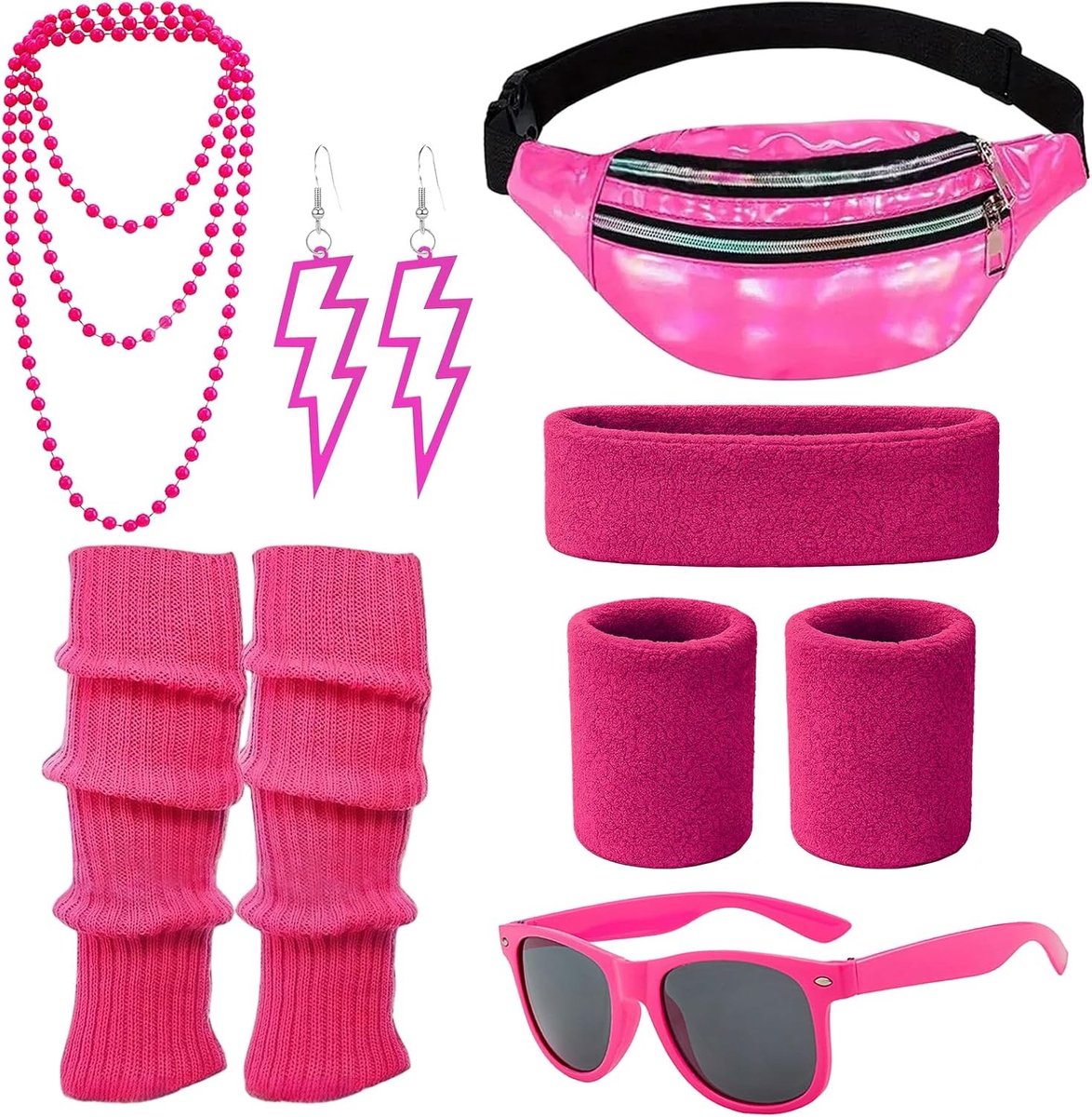 Retro 80s en 90s damesoutfit met kostuumaccessoires zoals haarband, beenwarmers, oorbellen en heuptas voor carnaval en themafeesten
