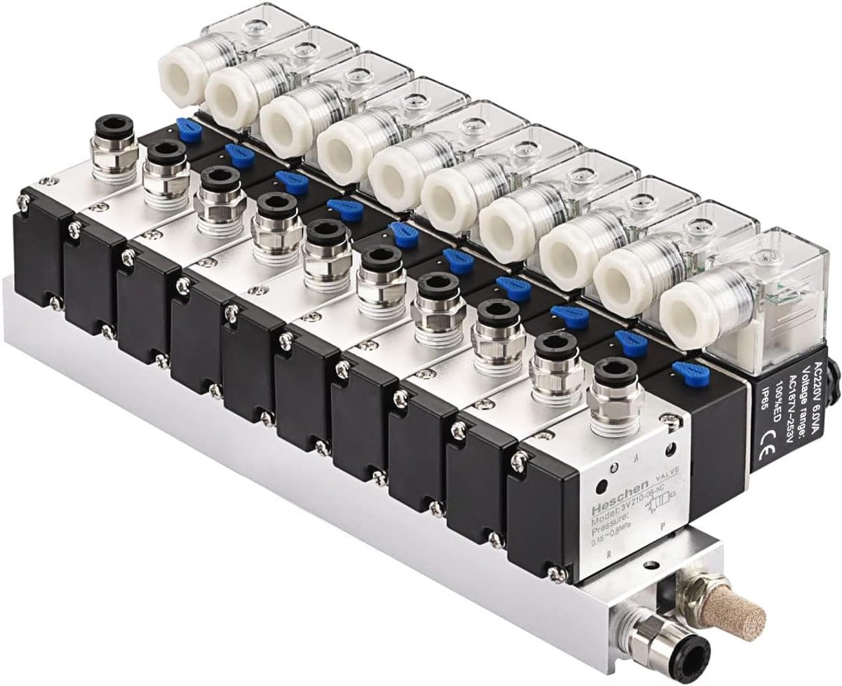 SnelShoppen - Elektrische Pneumatische 10 Solenoïde Ventiel 3V210-08 AC220V PT1/4 3/2 Weg Manifold Basis Luchtdemper Set met Snelle Aansluitingen