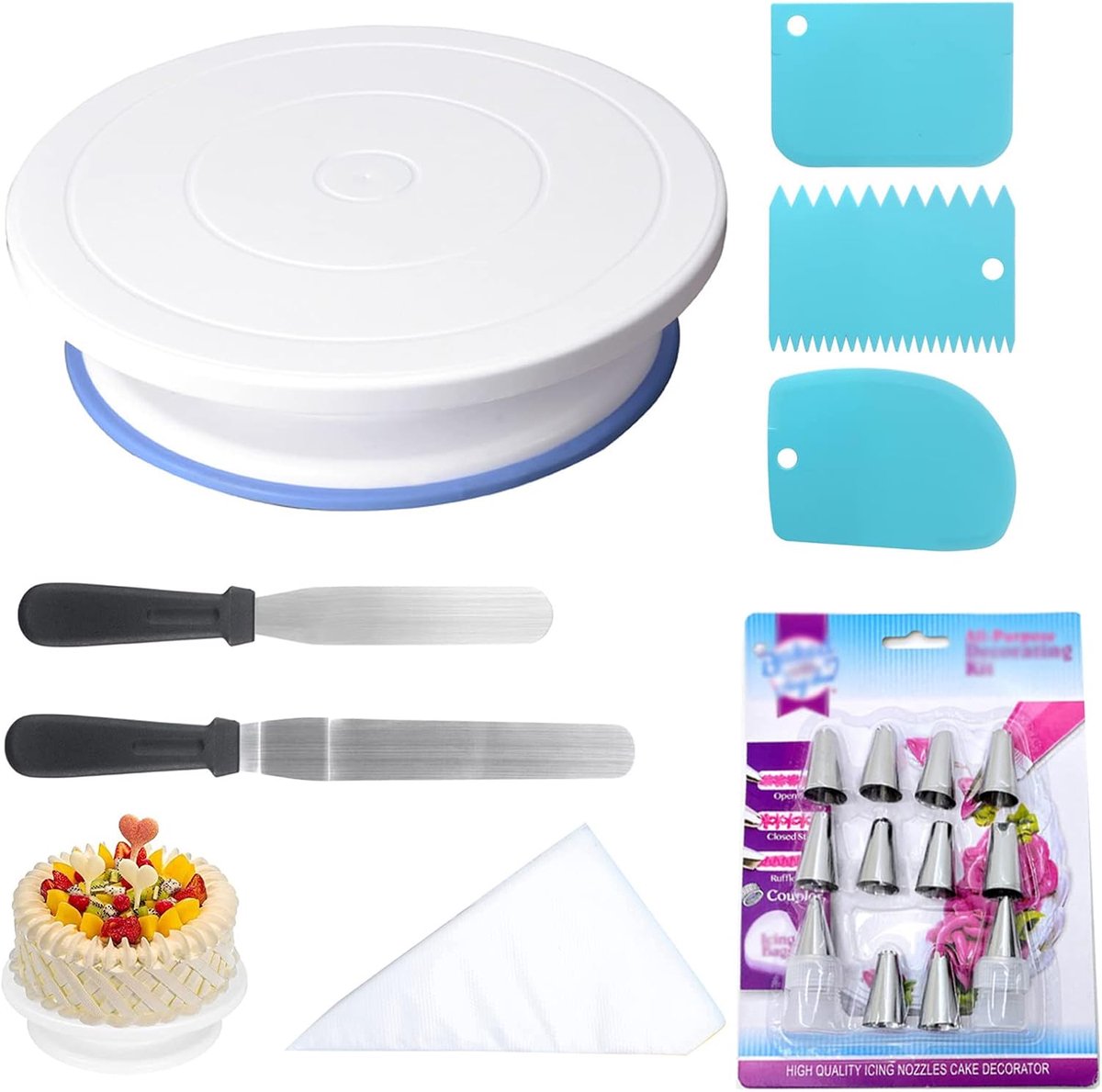 SnelShoppen - Rotating Cake Stand 10.8 Inch - Professionele Cake Decoratie Tool Set - 8 Delige Set met 12 RVS Spuiters - Ideaal voor Bakken en Taart D