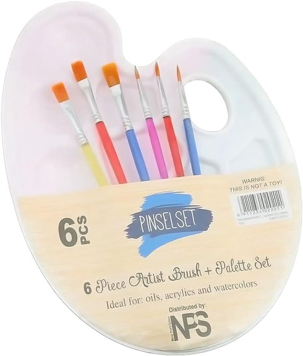 SnelShoppen - Transparante Verf Palet 23x17 cm met 6 Verf Penselen, Professionele Kunst Benodigdheden voor Acryl, Waterverf en Olie, Creatieve DIY Pro