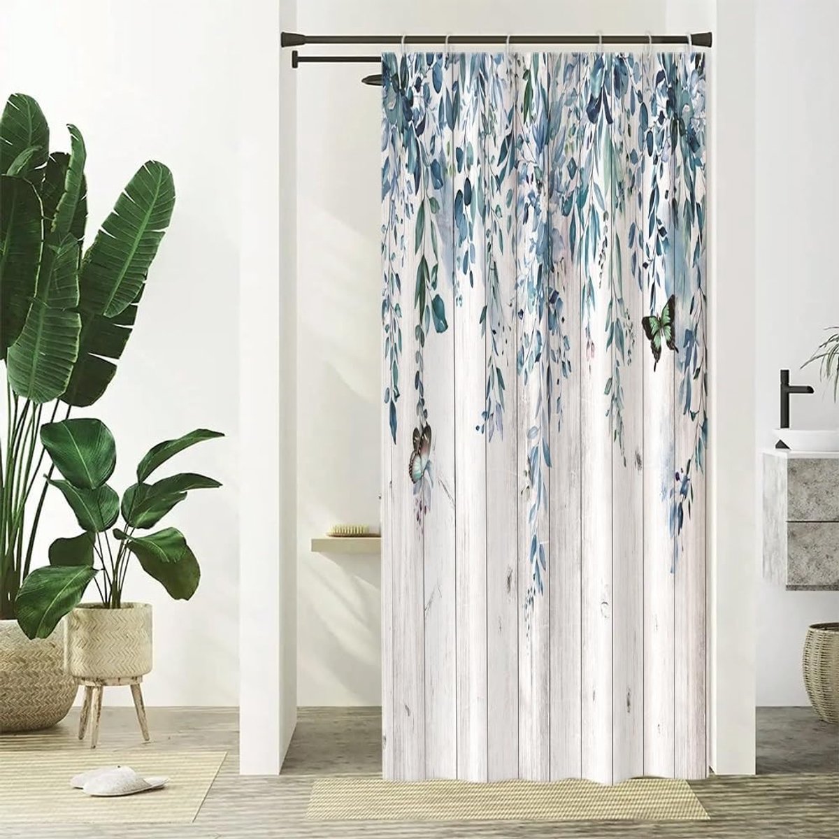 SnelShoppen - Eucalyptus Douchegordijn Vintage Blauw Bladeren Bloemen Anti-Mould Waterdicht Polyester Bad Gordijn 90 x 180 cm met 6 Haakjes voor Badka