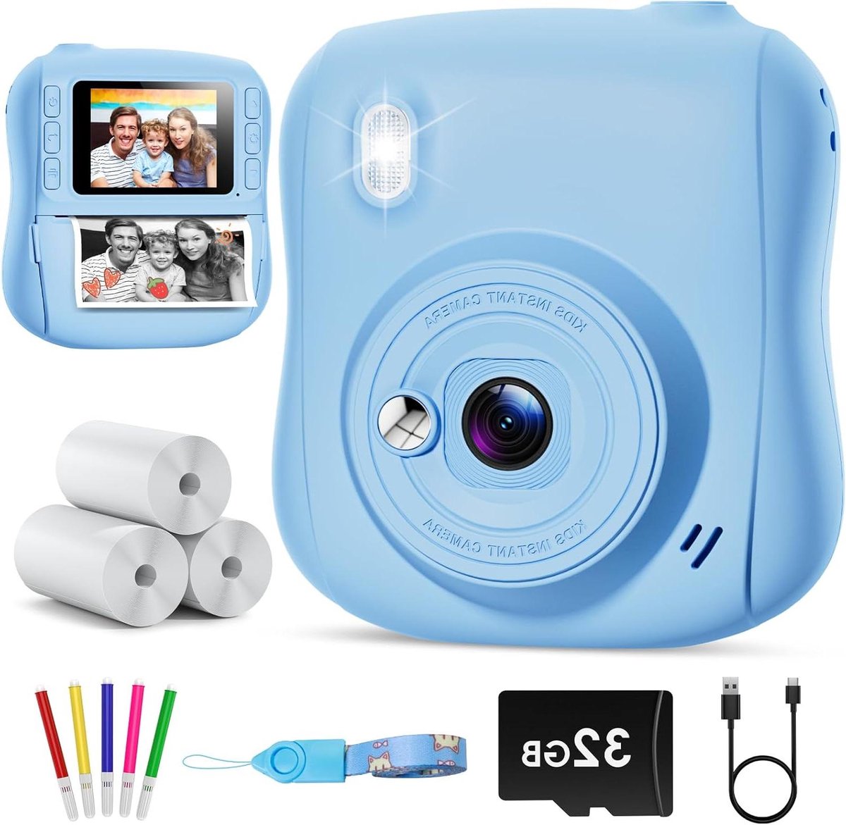 Kinder Camera - Direct Print Camera - Creatief Spelen - Inclusief 32GB Kaart - 2 Inch Scherm - Blauw
