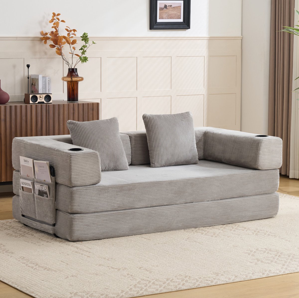 MIVRAY Slaapbank 185 Cm - Opvouwbaar Tot Bed - Met Armleuningen, Bekerhouder En Opbergvak - Voor Woonkamer, Slaapkamer En Kantoor - Corduroy Lichtgrijs