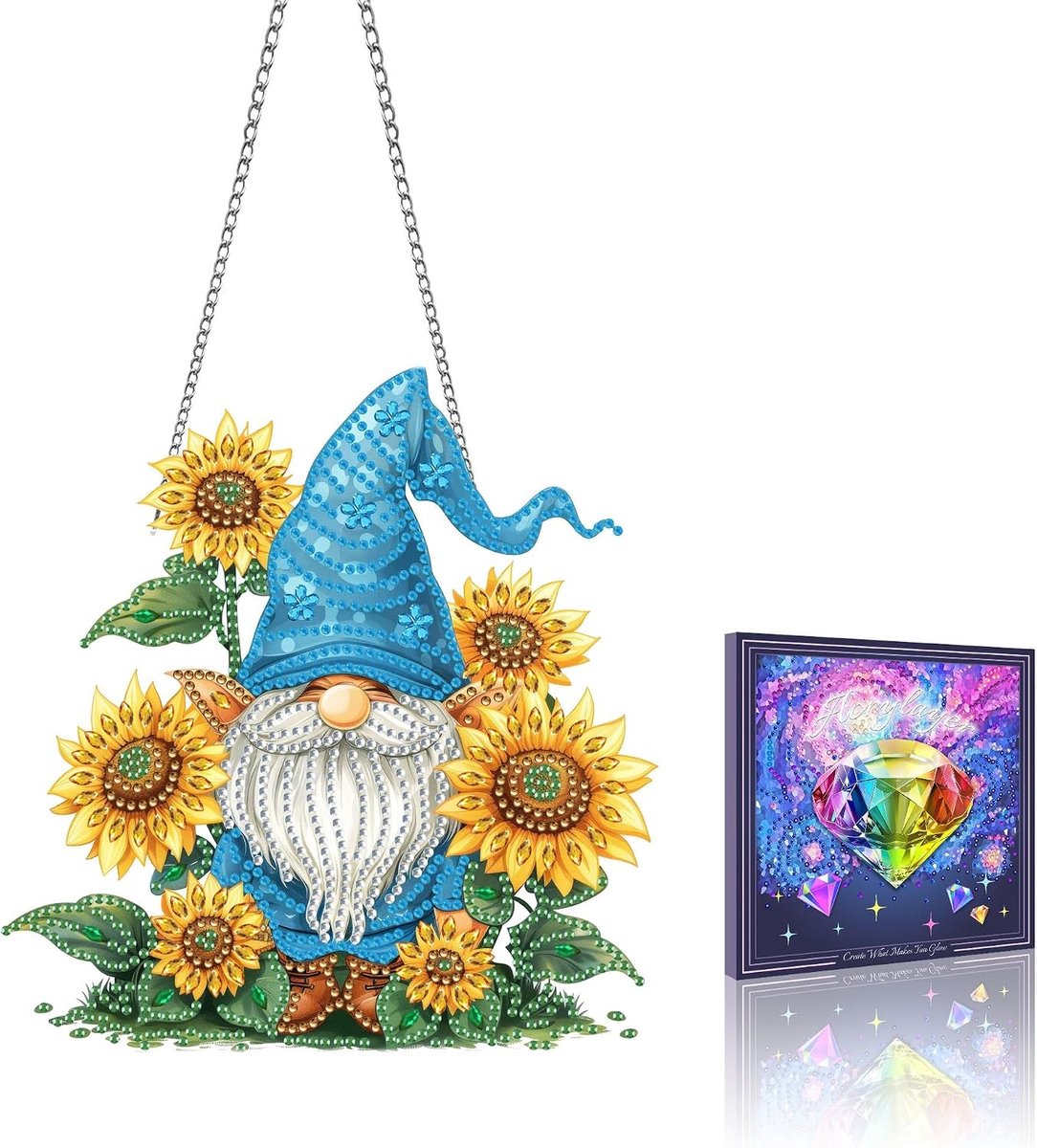 SnelShoppen - 5D DIY Diamantschilderij Hangerset Zonnebloem met Ketting, Glanzende Decoratie voor Deur, Raam, Muur, Tuin en Woondecoratie
